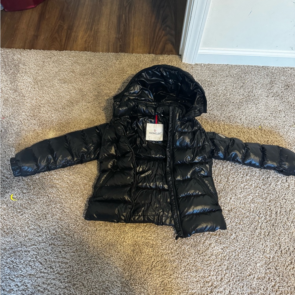 Moncler Black Shiny Quilted Puffer Jacket with Red Trim